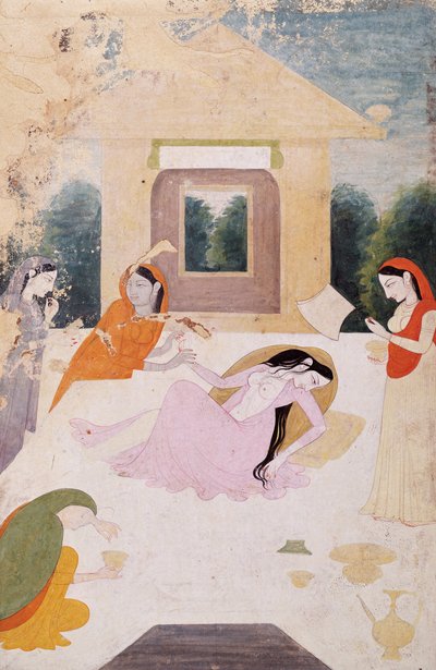 A lady on a terrace, distraught with unsatisfied longing for her lover, her attendants can do nothing to console her, Guler, Pahari School, c.1810 by Indian School